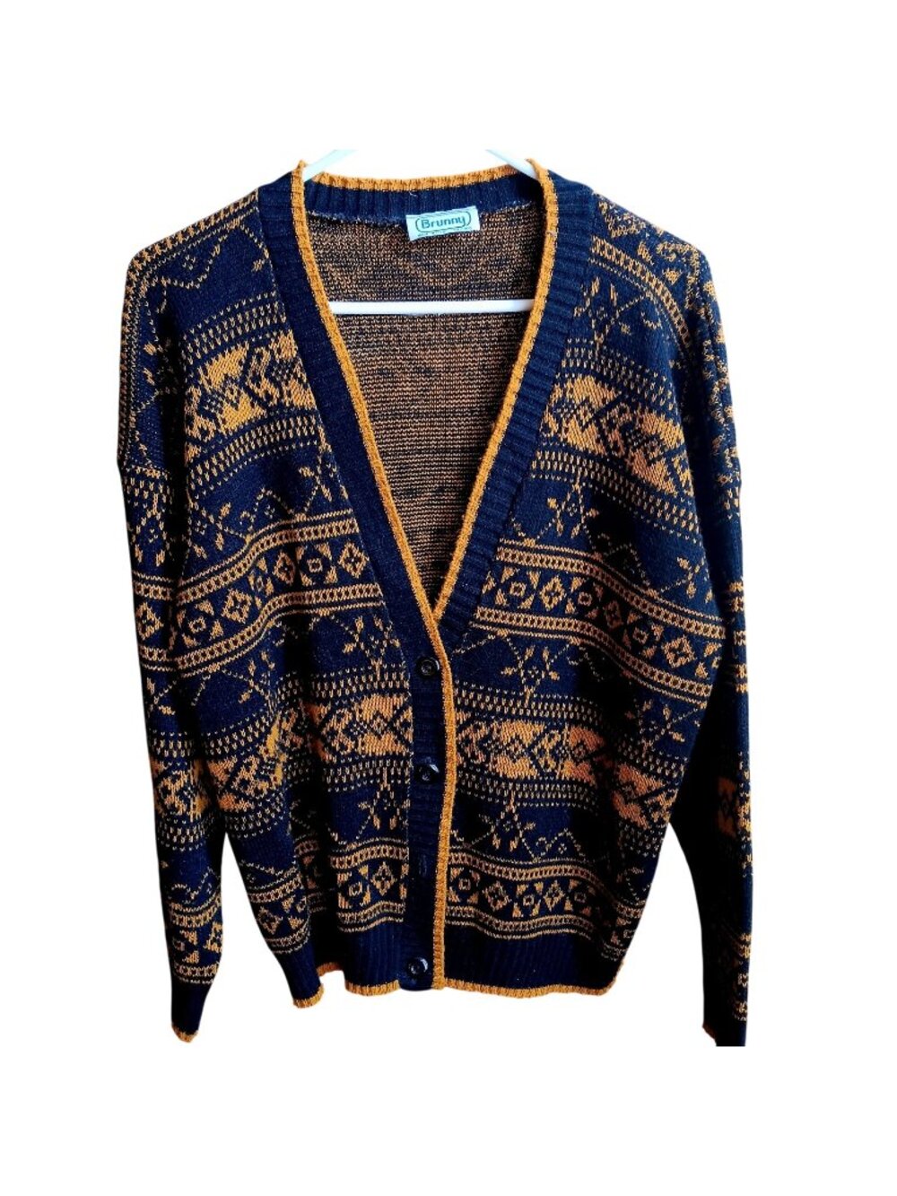 True Vintage Cardigan Sweater Oversize Medium Brunny USA Black Gold Knit Nordic